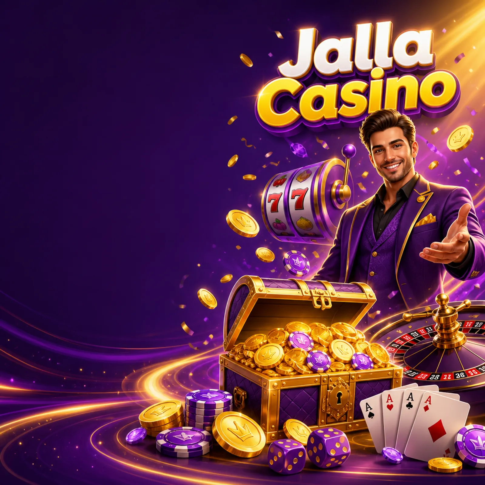 Create a premium homepage hero banner for a social casino website called "Jalla Casino", inspired by the bright, playful yell